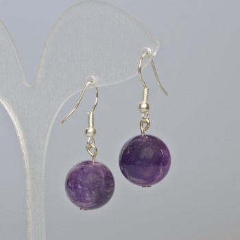 Amethyst Earrings, Natural Stone, Smooth Bead, Diameter 14mm+/-, Length 35mm+
