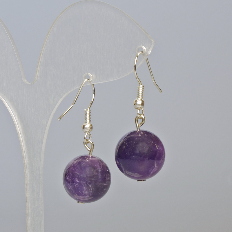 Amethyst Earrings, Natural Stone, Smooth Bead, Diameter 14mm+/-, Length 35mm+
