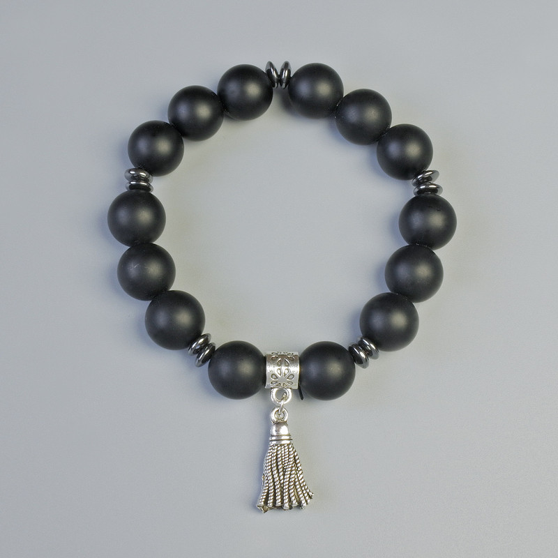 Shungite (Imitation) Bracelet, Smooth Bead, Diameter 12mm+/- (Stretch), Length 18cm+/- with Hematite Inserts