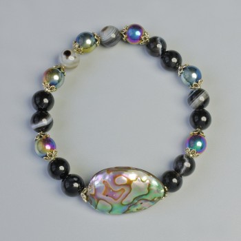 Agate and Hematite Bracelet, Smooth Bead, Diameter 8mm+/- (Stretch), Length 18cm+/- with Haliotis Insert, Diameter 29x16mm+
