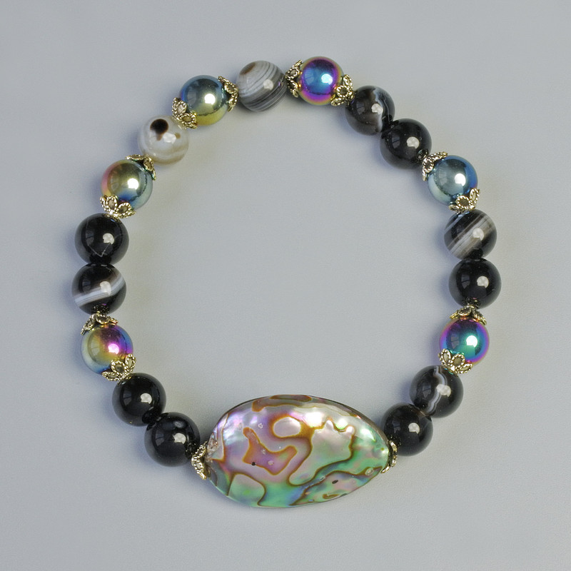 Agate and Hematite Bracelet, Smooth Bead, Diameter 8mm+/- (Stretch), Length 18cm+/- with Haliotis Insert, Diameter 29x16mm+