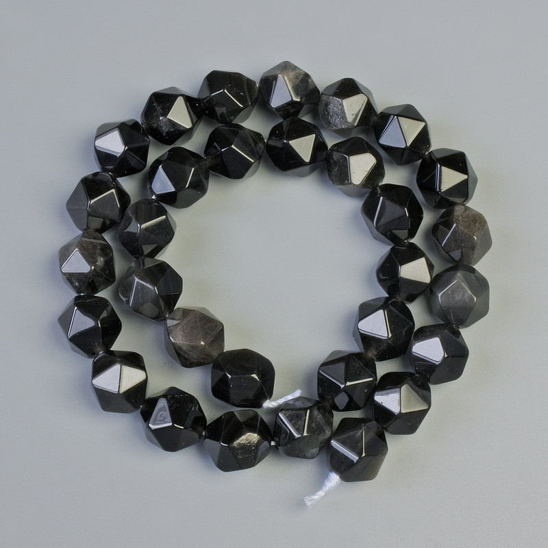 Silver Sheen Obsidian Beads, Natural Stone, Faceted Nugget, Diameter 10x12mm+/-, Length 36cm+/- on a Strand