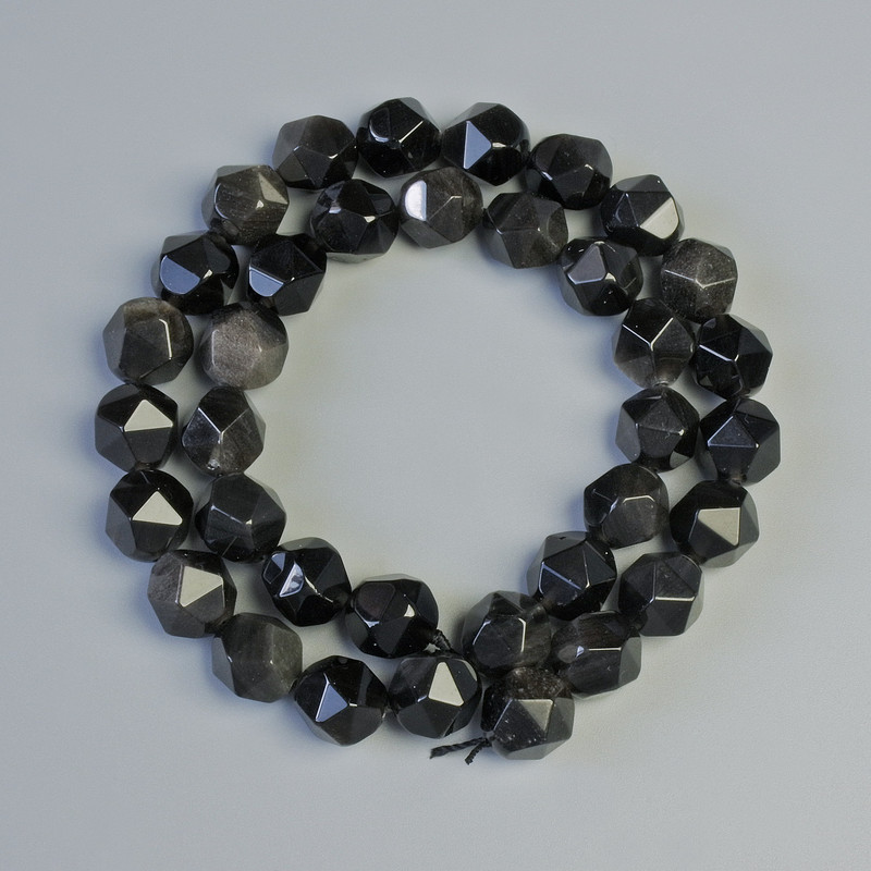 Silver Sheen Obsidian Beads, Natural Stone, Faceted Nugget, Diameter 8.5x10mm+/-, Length 36cm+/- on a Strand
