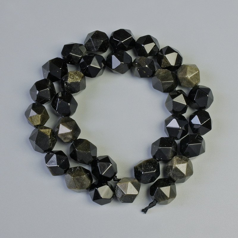 Golden Sheen Obsidian Beads, Natural Stone, Faceted Nugget, Diameter 10x12mm+/-, Length 37cm+/- on a Strand