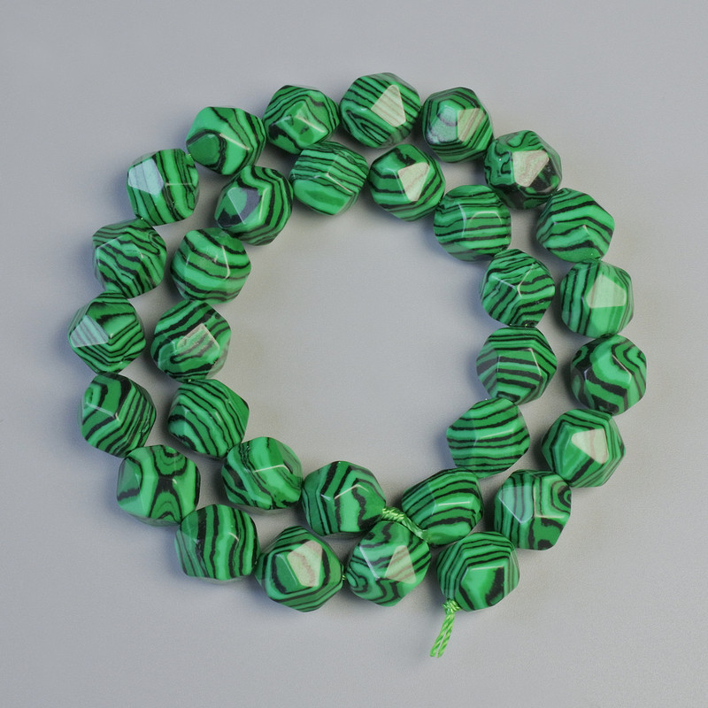 Malachite (Pressed) Beads, Faceted, Diameter 10x12mm+/-, Length 37cm+/- on a Thread