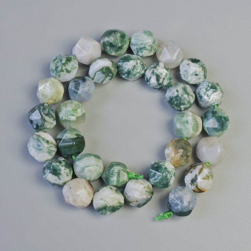 Moss Agate Beads, Natural Stone Faceted, Diameter 10x12mm+/-, Length 36cm+/- on a Thread
