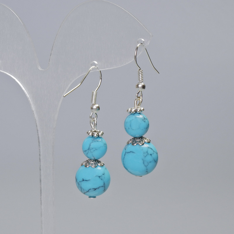 Turquoise Earrings (pressed), smooth round bead, diameter 12.5mm, 8.5mm+-, length 44mm+- with metal inserts