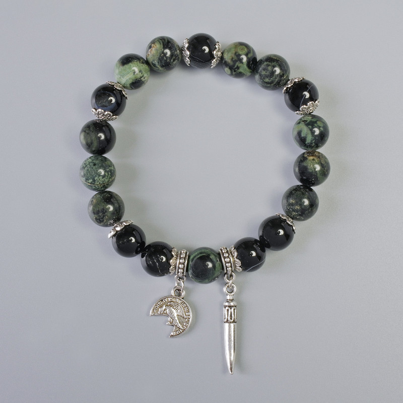 Ocean Jasper and Black Agate Bracelet, smooth round beads, diameter 10.5mm, 10mm+/- (stretch), length 18cm+/- with metal inserts