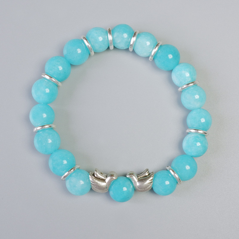 Aquamarine Bracelet, smooth round beads, diameter 10.5mm+/- (stretch), length 18cm+/- with metal inserts