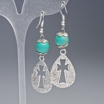 Green Variscite (pressed) Earrings, smooth ball, diameter 10mm, 19.5x31mm+/-, length 63mm+/- with metal inserts