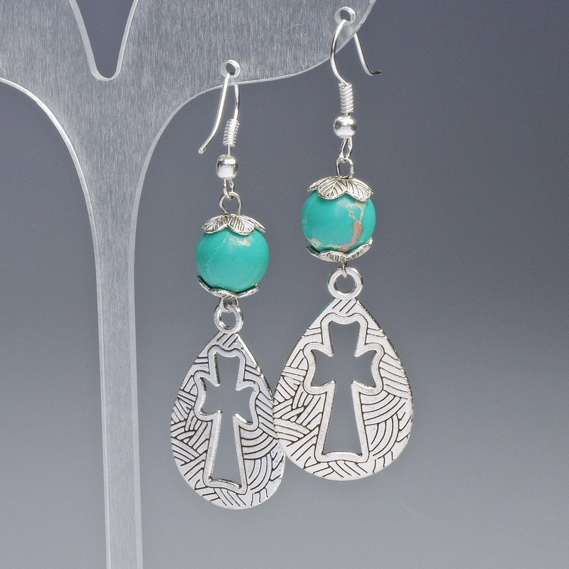 Green Variscite (pressed) Earrings, smooth ball, diameter 10mm, 19.5x31mm+/-, length 63mm+/- with metal inserts