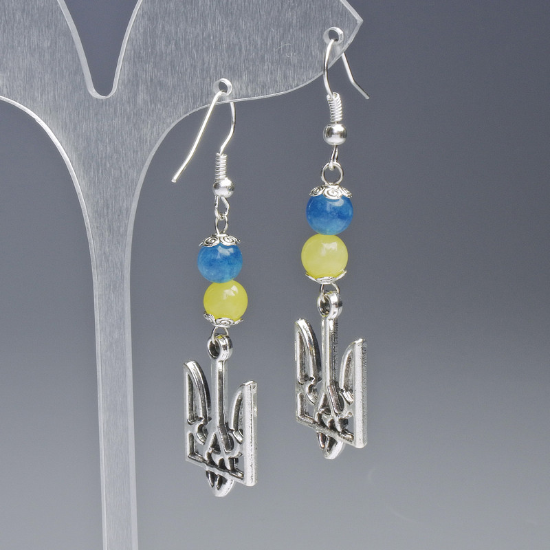 Earrings "Coat of Arms", diameter 15mm+/- with Citrine and Aquamarine Beads, diameter 6.5mm+/-, length 60mm+/- silver-tone metal