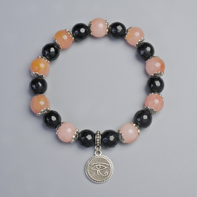 Agate and Tinted Quartz Bracelet, diameter 10.5mm, 10mm+/- (stretch), length 18cm+/- with metal inserts