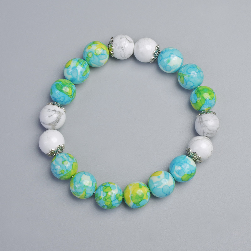 "Variscite" (Imitation Acrylic) and White Agate (Pressed) Bracelet, 10mm, 10.5mm+- diameter (stretch), 18cm+- length, with metal inserts
