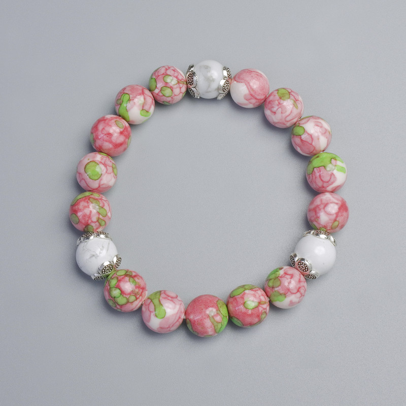 "Variscite" (Imitation Acrylic) and White Agate (Pressed) Bracelet, 10mm, 10.5mm+- diameter (stretch), 18cm+- length, with metal inserts