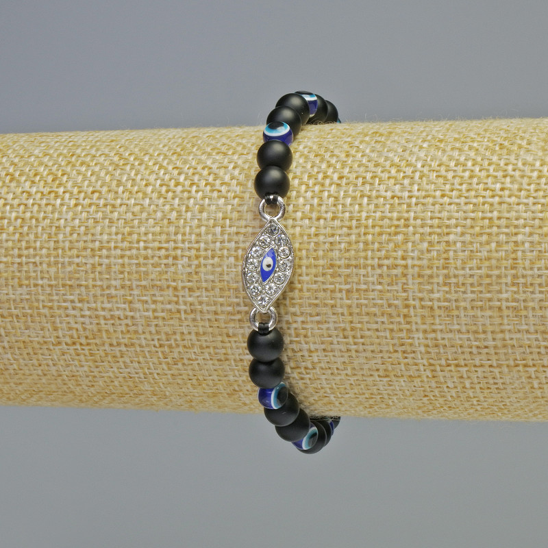 Shungite (Imitation) Bracelet, smooth round beads, 6mm+- diameter (stretch), 18cm+- length, with "Eye" inserts