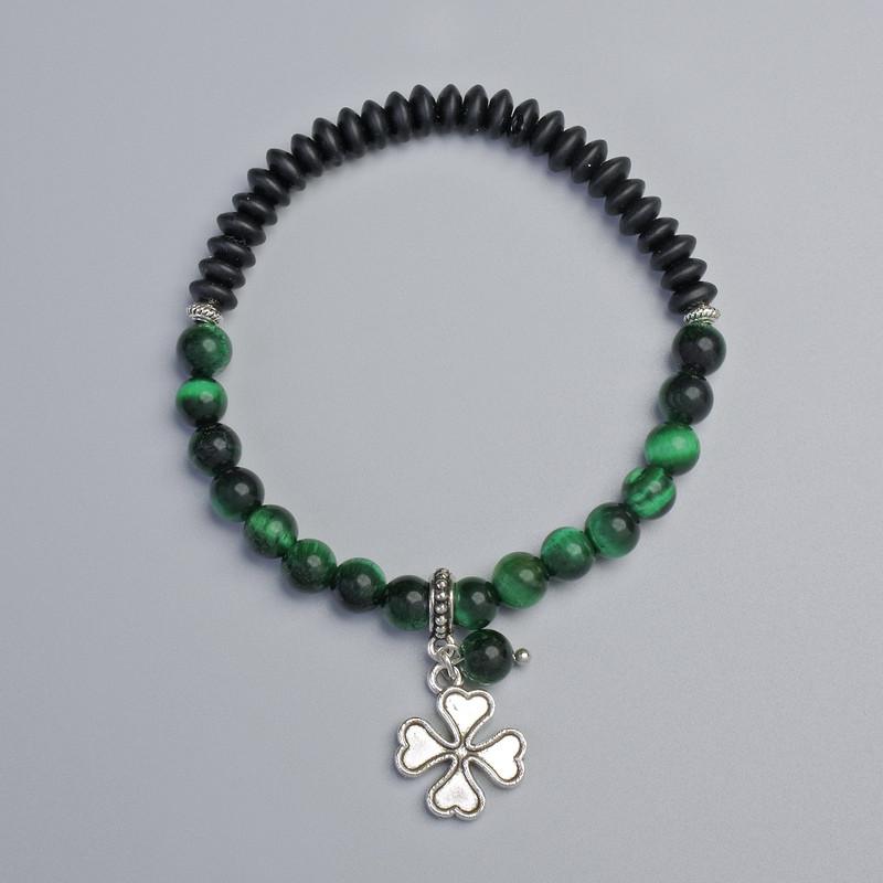 Green Cat's Eye & Shungite Bracelet, Diameter 6.5mm, 6.5x3mm+- (Stretch), Length 18cm+- with Metal Inserts