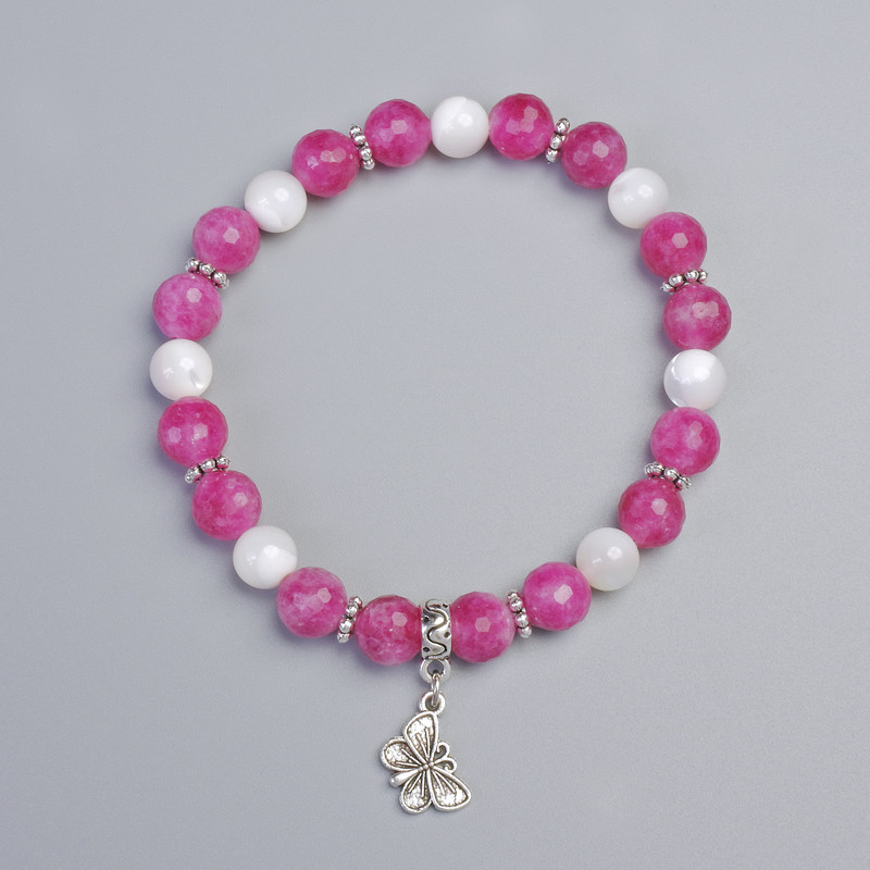 Rubellite Tourmaline & Mother-of-Pearl Bracelet, Diameter 8mm, 7.5mm+- (Stretch), Length 18cm+- with Metal Inserts