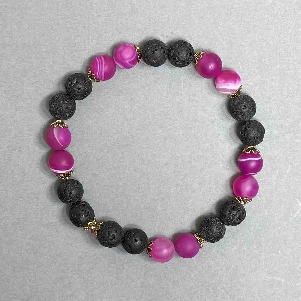 Lava & Agate Bracelet, Smooth Round Beads, Diameter 8mm+- (Stretch), Length 18cm+- with Metal Inserts