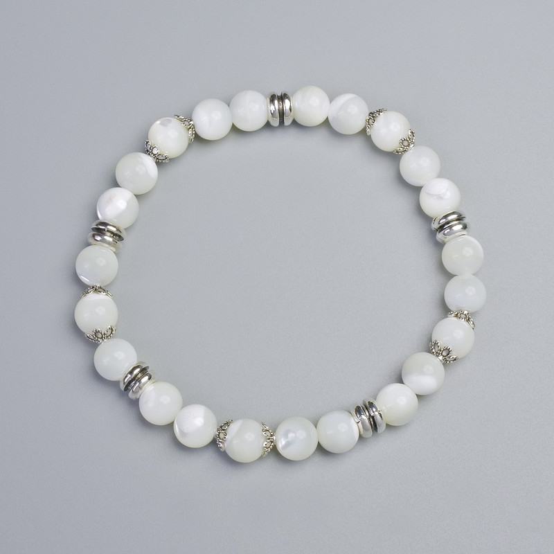 Mother-of-Pearl Bracelet, Smooth Round Beads, Diameter 7.5mm+- (Stretch), Length 18cm+- with Metal Inserts