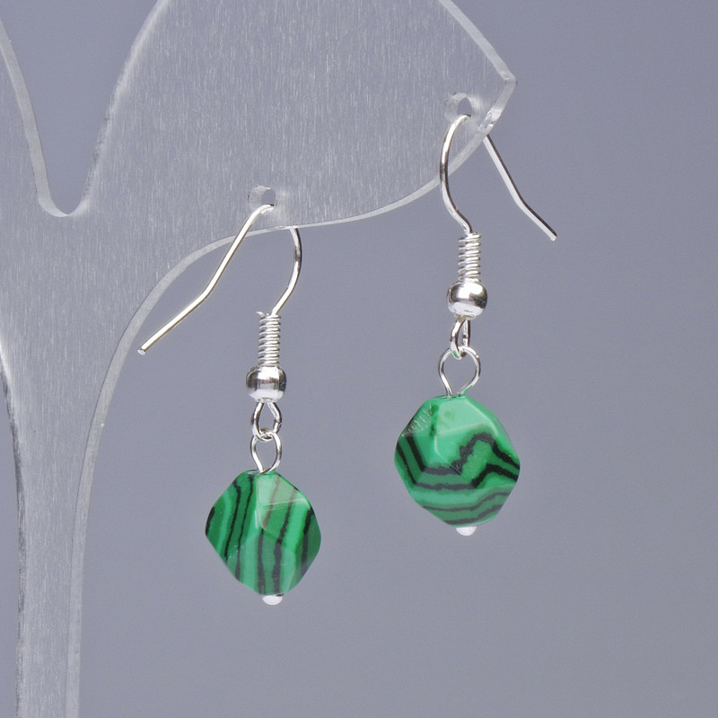 Malachite (pressed) Earrings, faceted, diameter 8.5x10mm+-, length 31mm+