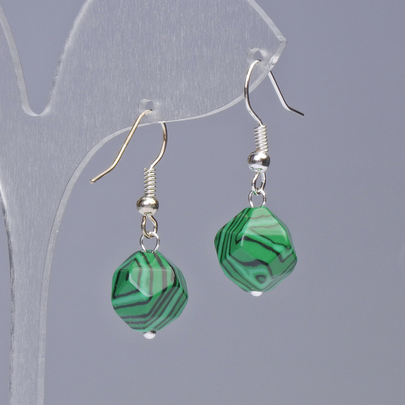 Malachite (pressed) Earrings, faceted, diameter 10x12mm+-, length 32mm+