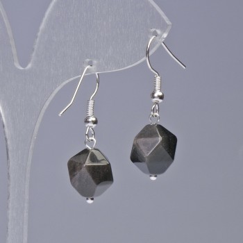 Silver Obsidian Earrings, natural stone faceted, diameter 10x12mm+-, length 32mm+