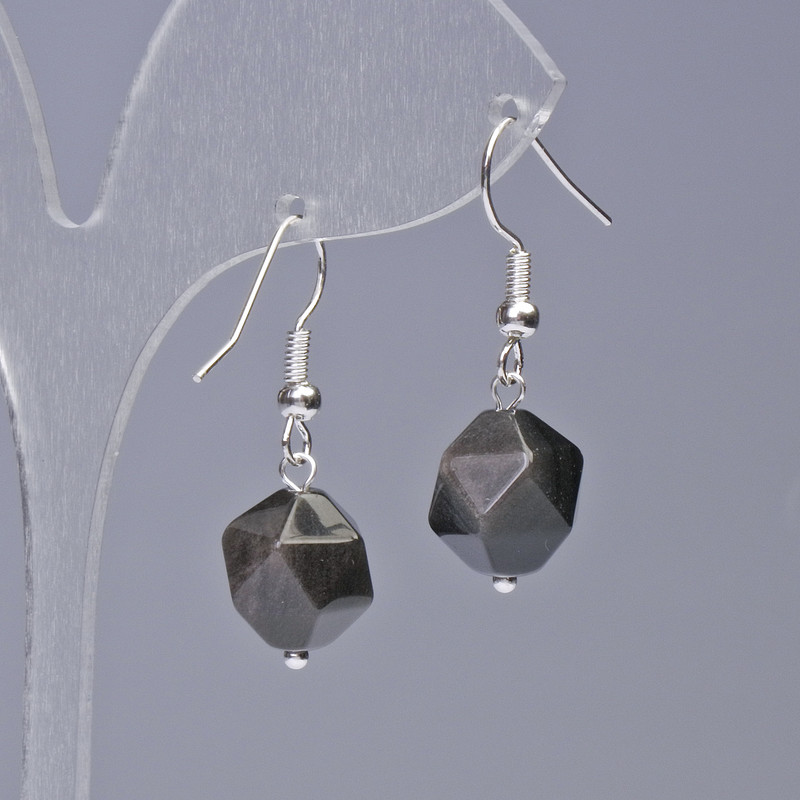 Silver Obsidian Earrings, natural stone faceted, diameter 10x12mm+-, length 32mm+