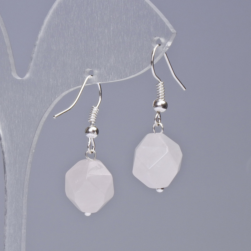 Rose Quartz Earrings, natural stone faceted, diameter 10.5x12mm+-, length 32mm+