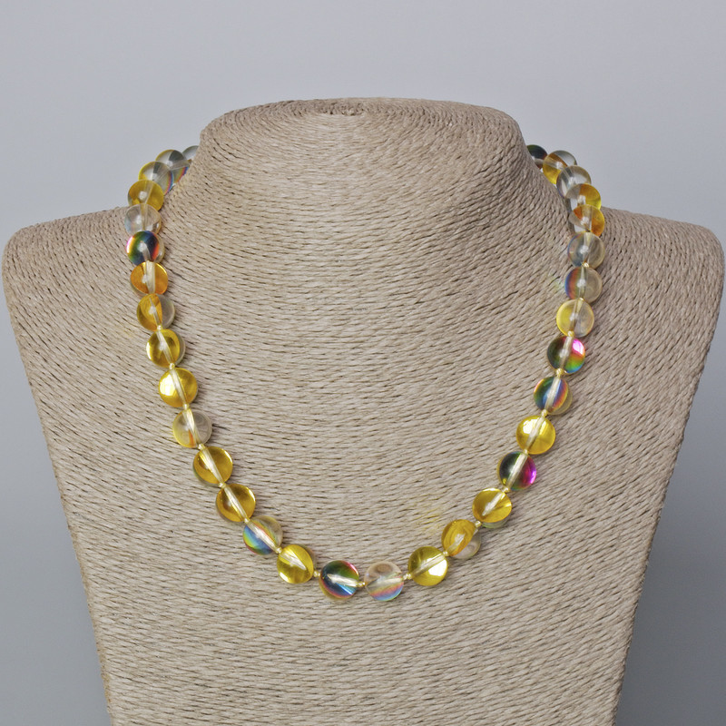 Opal Glass Necklace, yellow transparent chameleon, smooth bead, diameter 10mm+-, length 45-47cm+