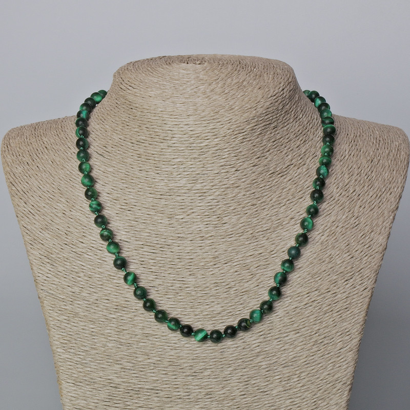 Green Cat's Eye Necklace, natural stone, smooth bead, diameter 6.5mm+-, length 45-49cm+