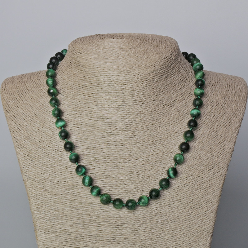 Green Cat's Eye Necklace, natural stone, smooth bead, diameter 8.5mm+-, length 45-48cm+