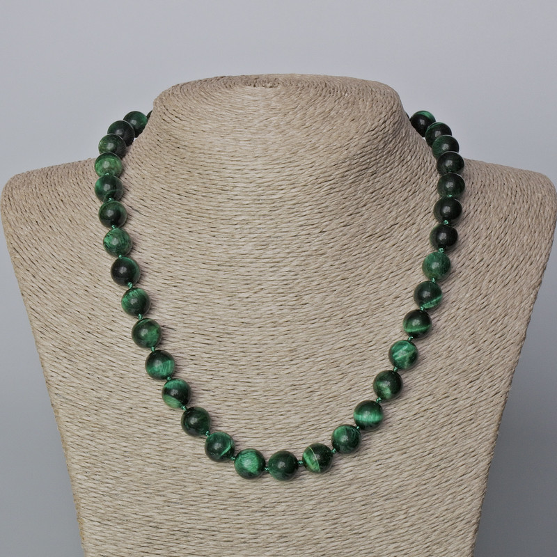 Green Cat's Eye Necklace, natural stone, smooth bead, diameter 10.5mm+-, length 45-48cm+