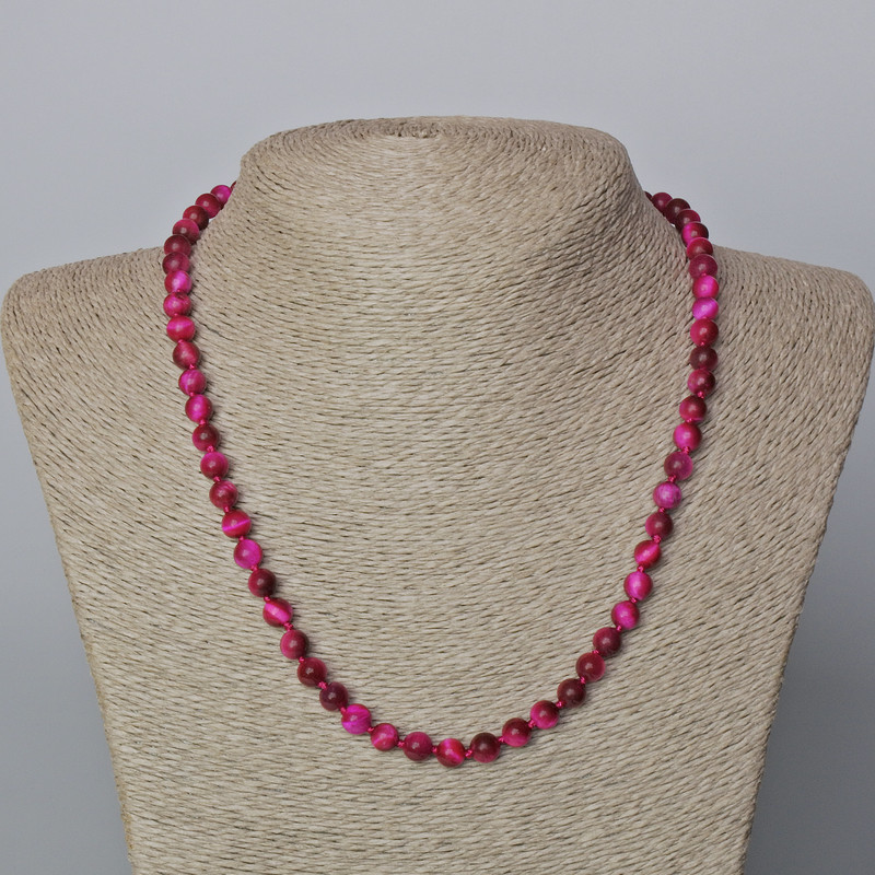 Raspberry Cat's Eye Necklace, natural stone, smooth bead, diameter 6.5mm+-, length 45-49cm+