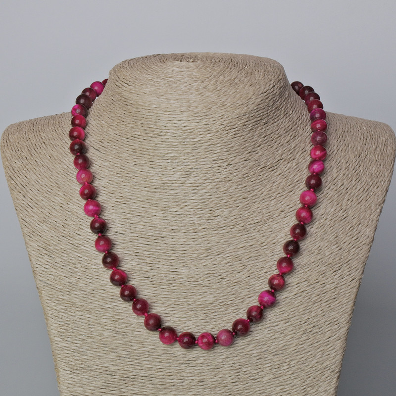 Raspberry Cat's Eye Necklace, natural stone, smooth bead, diameter 8.5mm+-, length 45-49cm+
