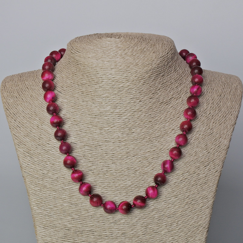 Raspberry Cat's Eye Necklace, natural stone, smooth bead, diameter 10.5mm+-, length 45-49cm+