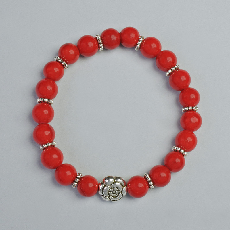 Coral (pressed) Bracelet smooth bead, diameter 8mm+- (stretch), length 18cm+- with metal inserts