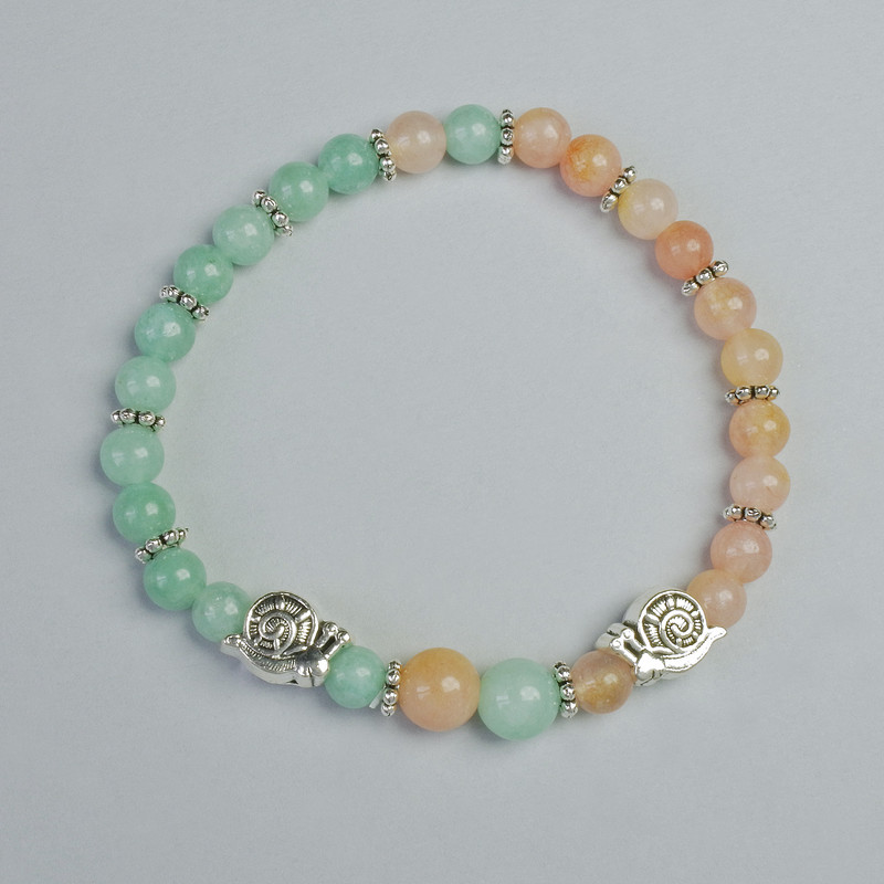 Tinted Quartz and Amazonite Bracelet smooth bead, diameter 6mm, 8mm+- (stretch), length 18cm+- with metal inserts