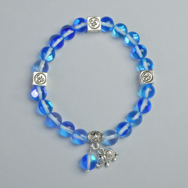 Blue Transparent Opal Glass Bracelet, diameter 8mm+- (stretch), length 18cm+- with metal inserts