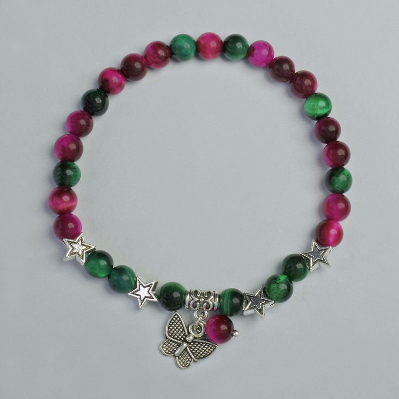Raspberry and Green Cat's Eye Bracelet, diameter 6mm+- (stretch), length 18cm+- with metal inserts