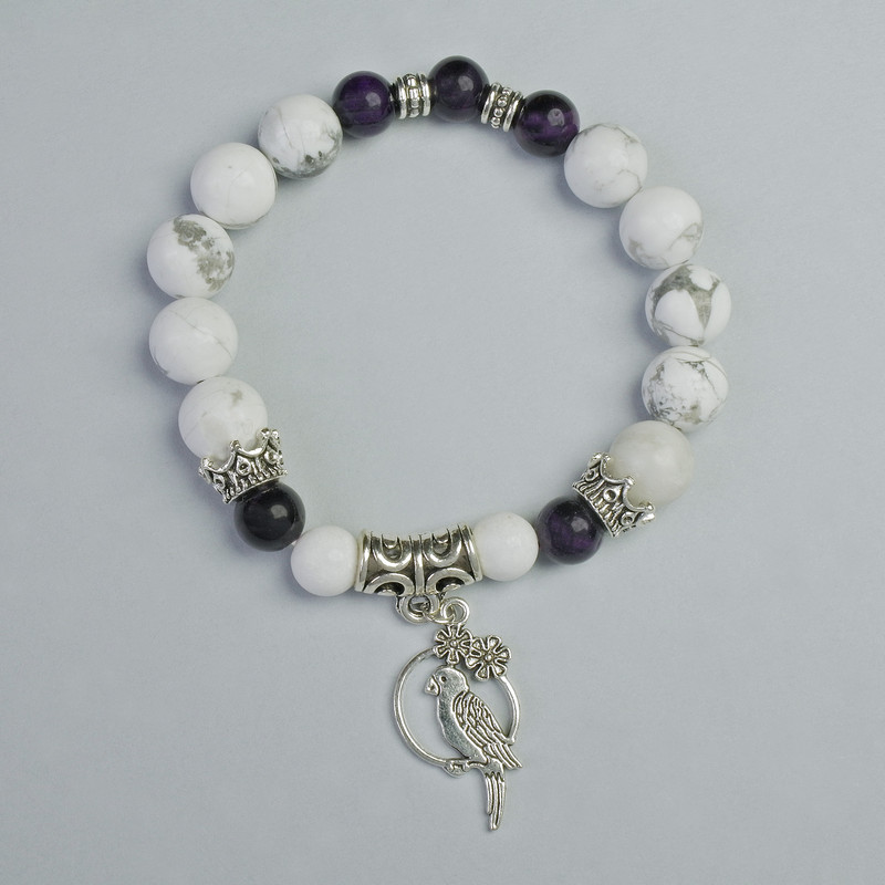 Purple Cat's Eye and Cacholong Bracelet, diameter 10.5mm, 8mm+- (stretch), length 18cm+- with metal inserts