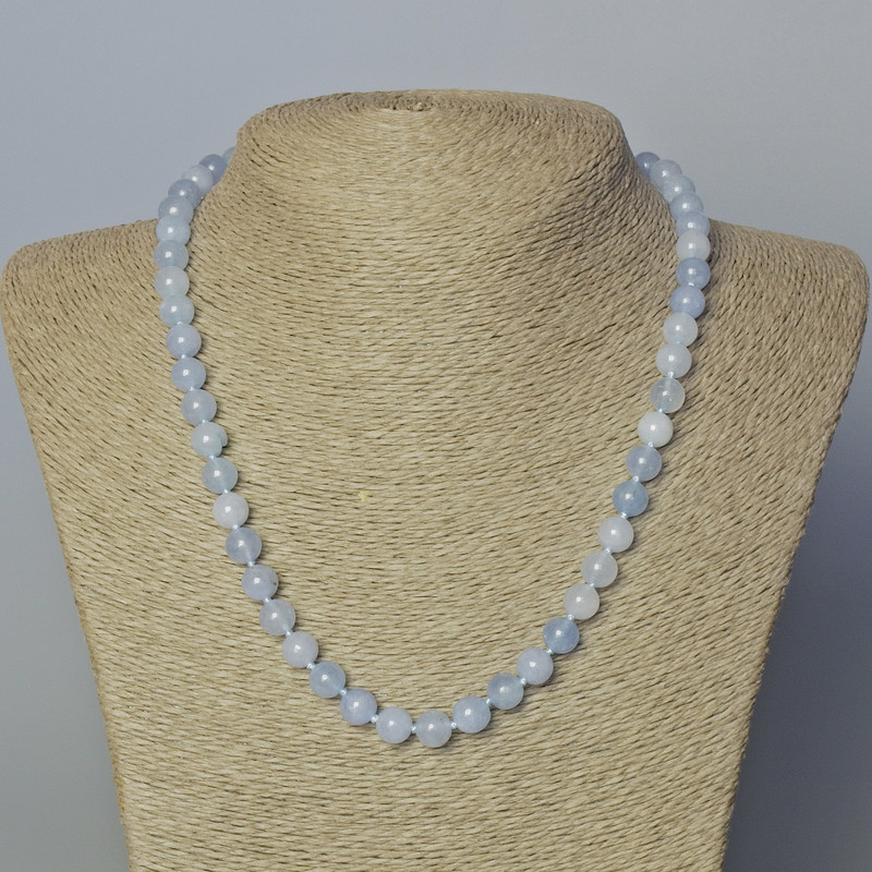 Aquamarine Necklace, natural stone smooth round bead, diameter 8mm+-, length 45-50cm+