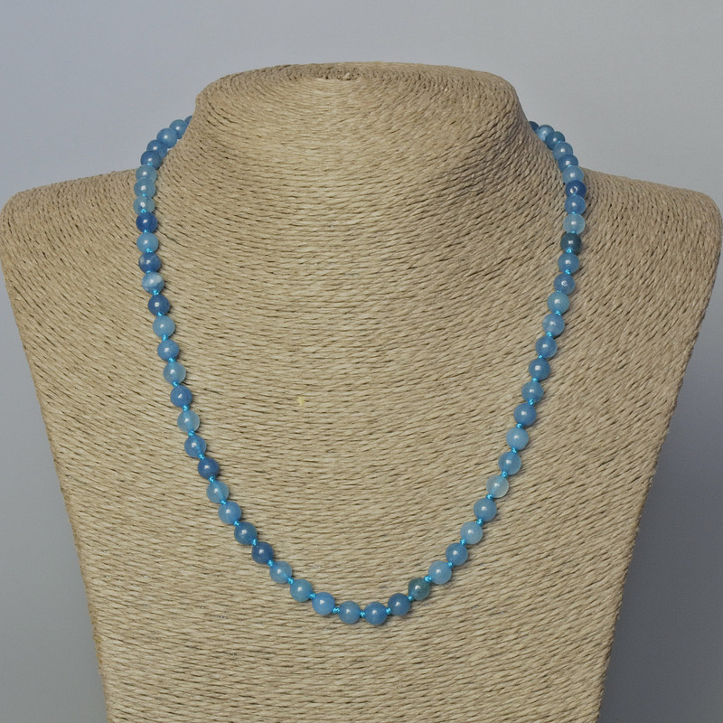 Aquamarine Necklace (imitation), smooth round beads, diameter 6mm+-, length 45-49cm+