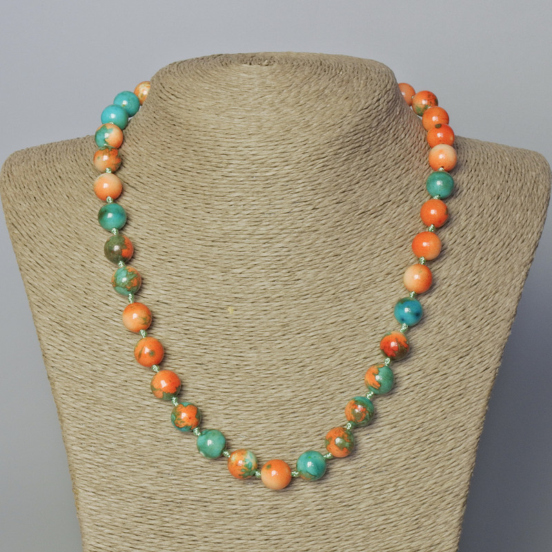"Variscite" Necklace (imitation acrylic), orange, blue and white smooth round beads, diameter 10mm+-, length 45-51cm+