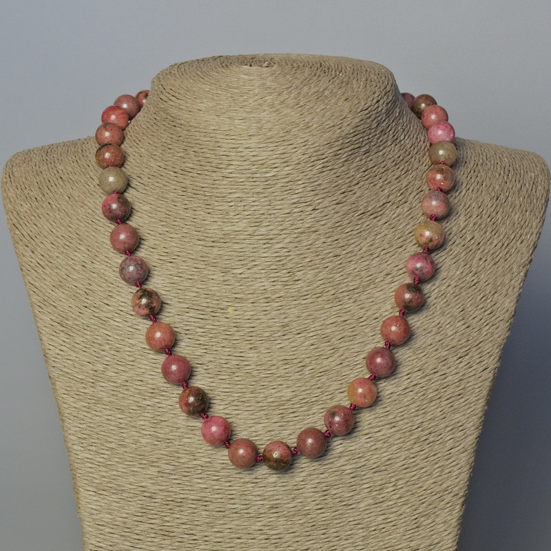 Rhodonite Natural Stone Necklace, smooth bead, diameter 10mm+-, length 45-49cm+
