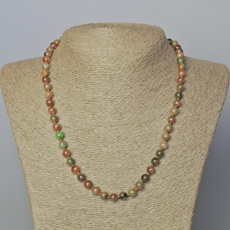 Watermelon Garnet Natural Stone Necklace, smooth bead, diameter 7mm+-, length 45-49cm+