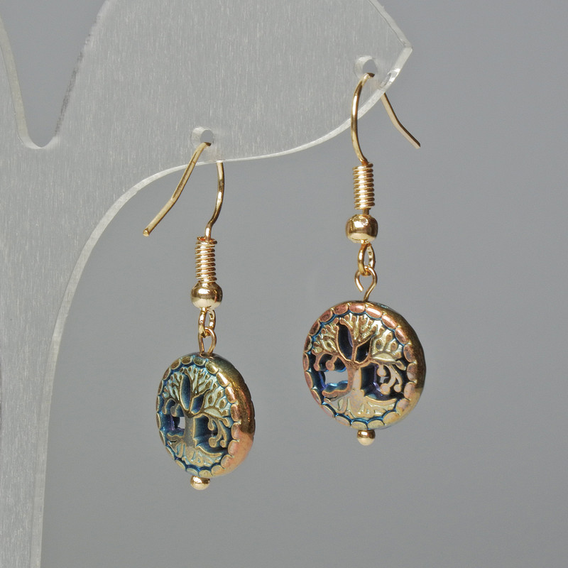Hematite "Tree" Earrings, chameleon colour, diameter 12.5x4.5mm+- gold-tone ear hook