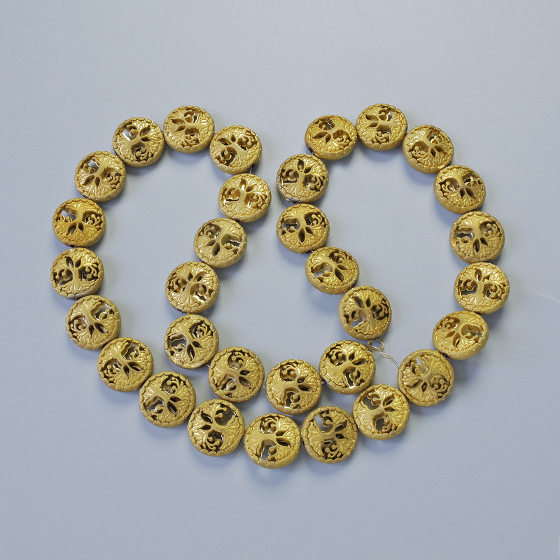 Hematite “Tree” Beads, Matte Gold Colour, Diameter 12.5x4.5mm+/-, Length 41cm+/- on a Thread