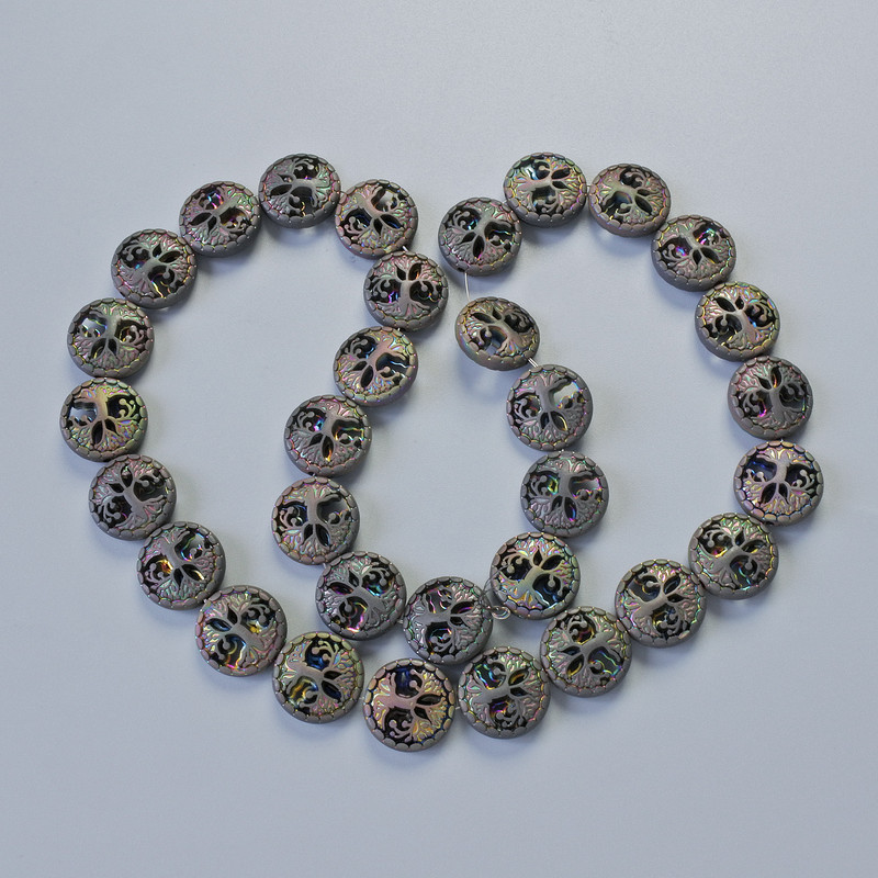 Hematite “Tree” Beads, Matte Chameleon Colour, Diameter 12.5x4.5mm+/-, Length 41cm+/- on a Thread