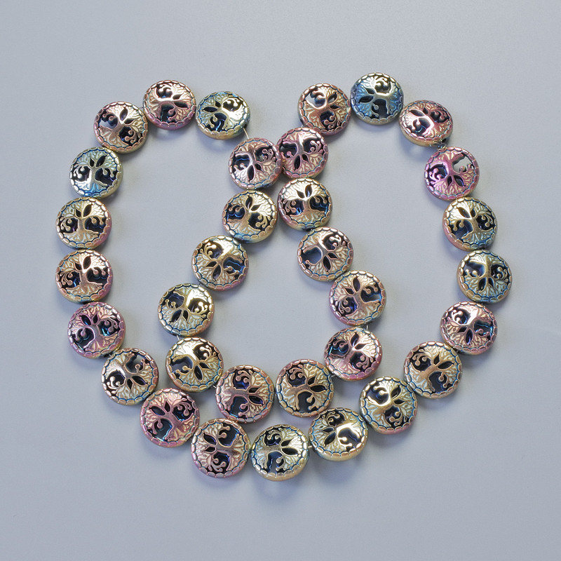 Hematite “Tree” Beads, Chameleon Colour, Diameter 12.5x4.5mm+/-, Length 41cm+/- on a Thread